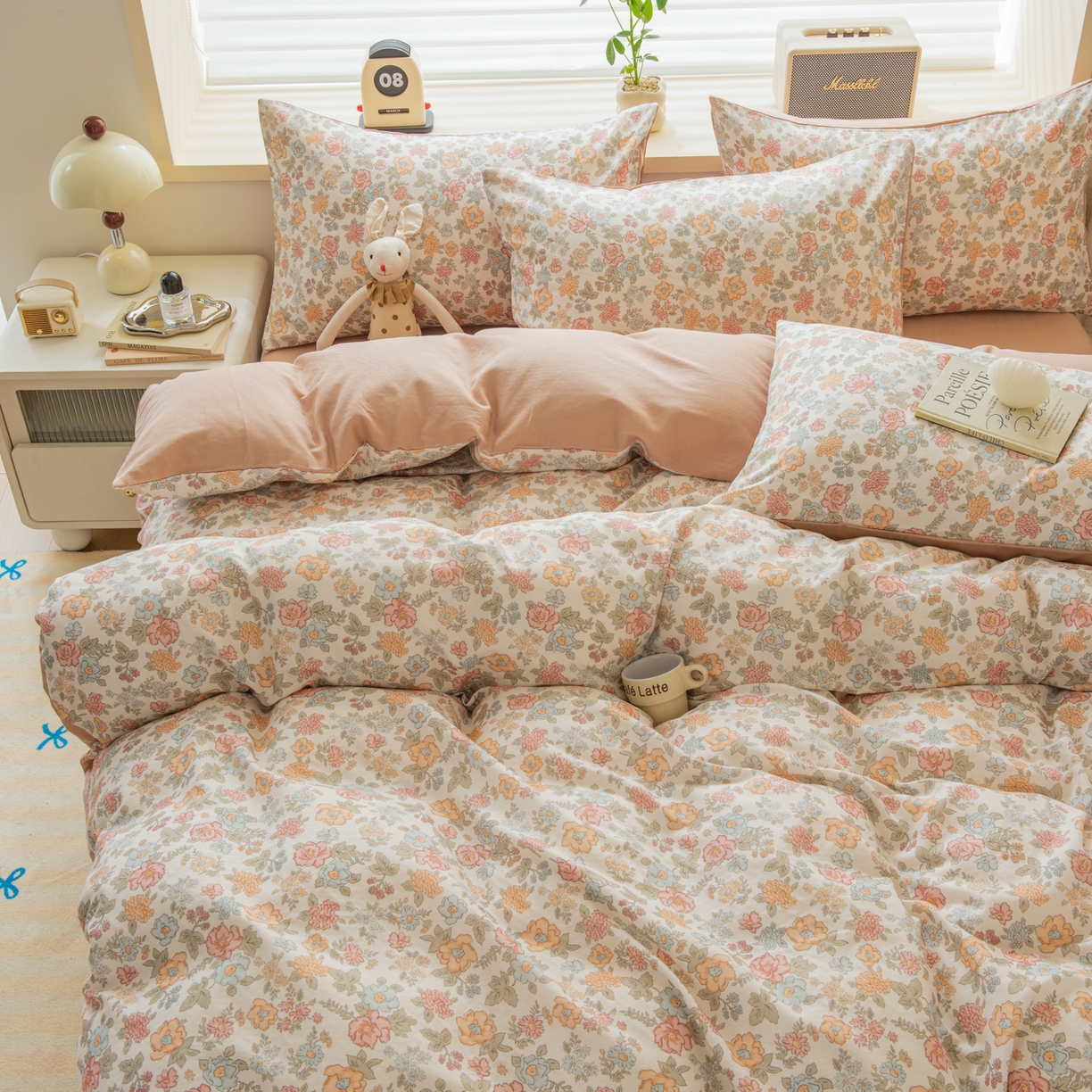 91家纺网 家纺一手货源 找家纺 雯雨家纺 2026春夏新款A类全棉有氧双层纱印花简约款四件套 香水繁花-米