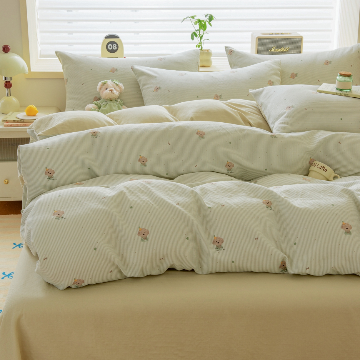 91家纺网 家纺一手货源 找家纺 雯雨家纺 2026春夏新款A类全棉有氧双层纱印花简约款四件套 布叮狗