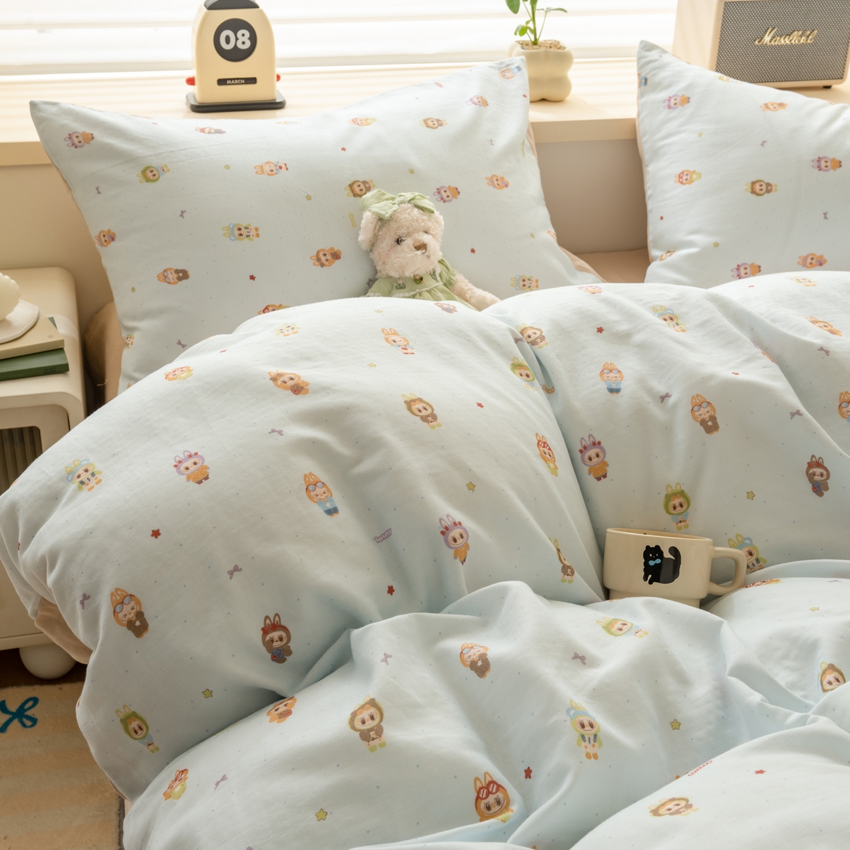 91家纺网 家纺一手货源 找家纺 雯雨家纺 2026春夏新款A类全棉有氧双层纱印花简约款四件套 布精灵