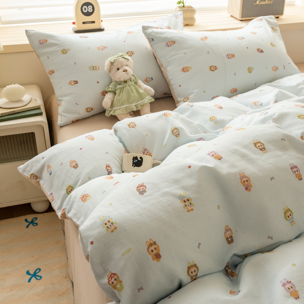 91家纺网 家纺一手货源 找家纺 雯雨家纺 2026春夏新款A类全棉有氧双层纱印花简约款四件套 布精灵