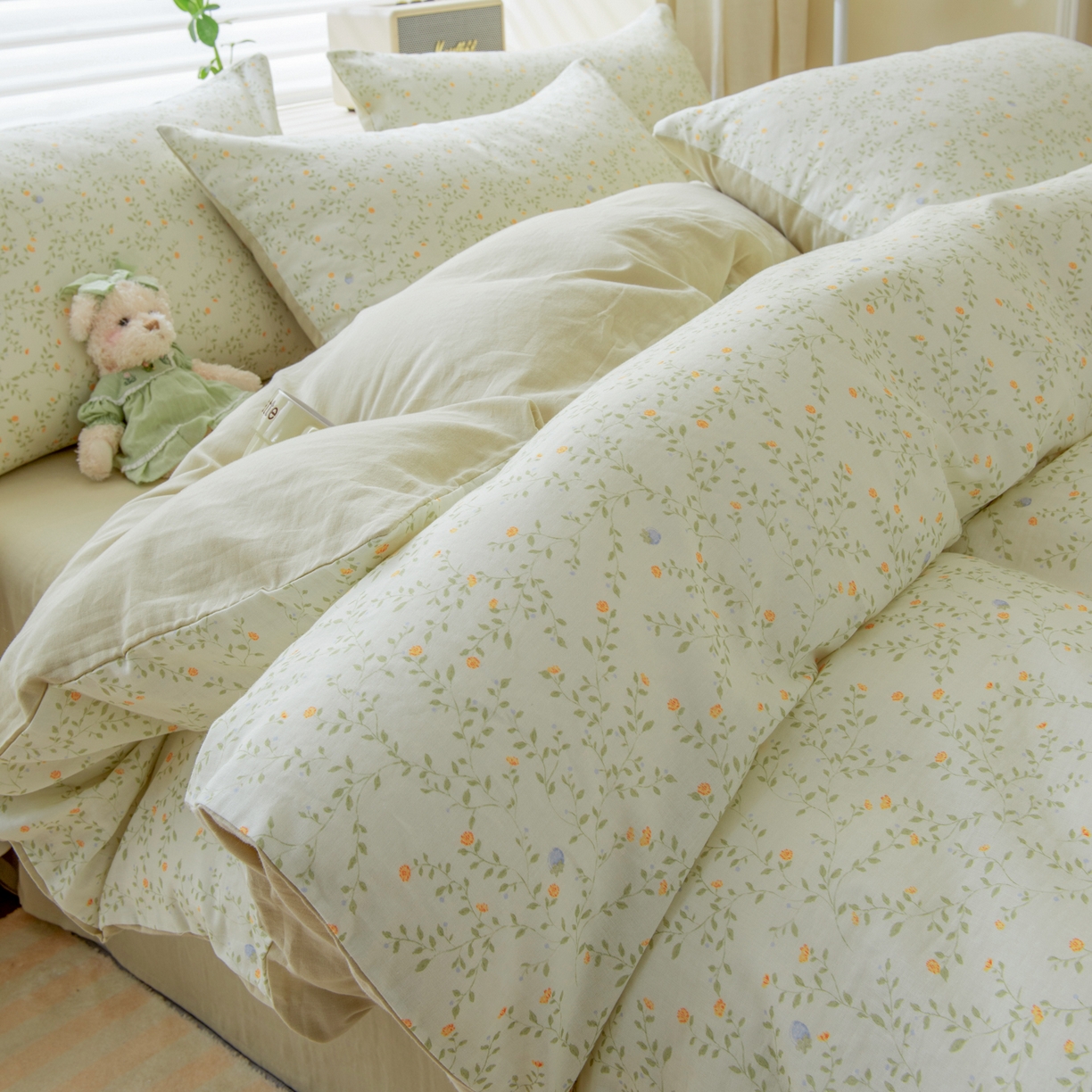 91家纺网 家纺一手货源 找家纺 雯雨家纺 2026春夏新款A类全棉有氧双层纱印花简约款四件套 风晚