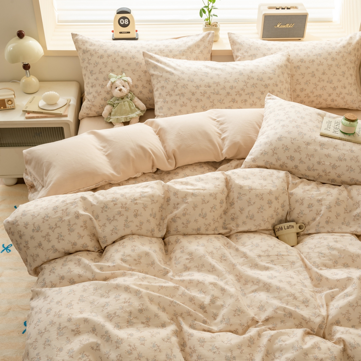 91家纺网 家纺一手货源 找家纺 雯雨家纺 2026春夏新款A类全棉有氧双层纱印花简约款四件套 落影迷香