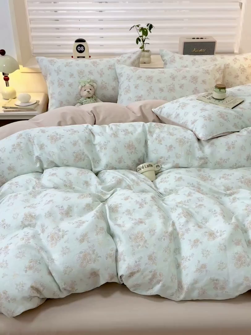 91家纺网 家纺一手货源 找家纺 雯雨家纺 2026春夏新款A类全棉有氧双层纱印花简约款四件套 南法庄园