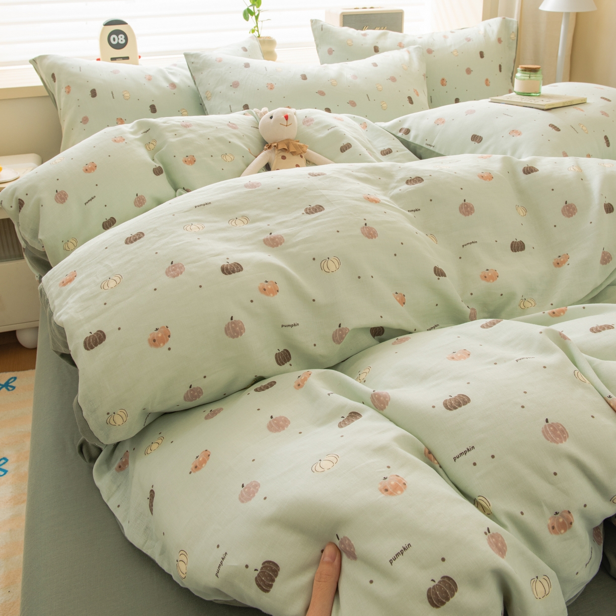 雯雨家纺 2026春夏新款A类全棉有氧双层纱印花简约款四件套 南语-绿