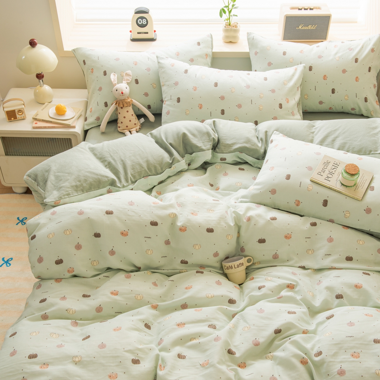 91家纺网 家纺一手货源 找家纺 雯雨家纺 2026春夏新款A类全棉有氧双层纱印花简约款四件套 南语-绿