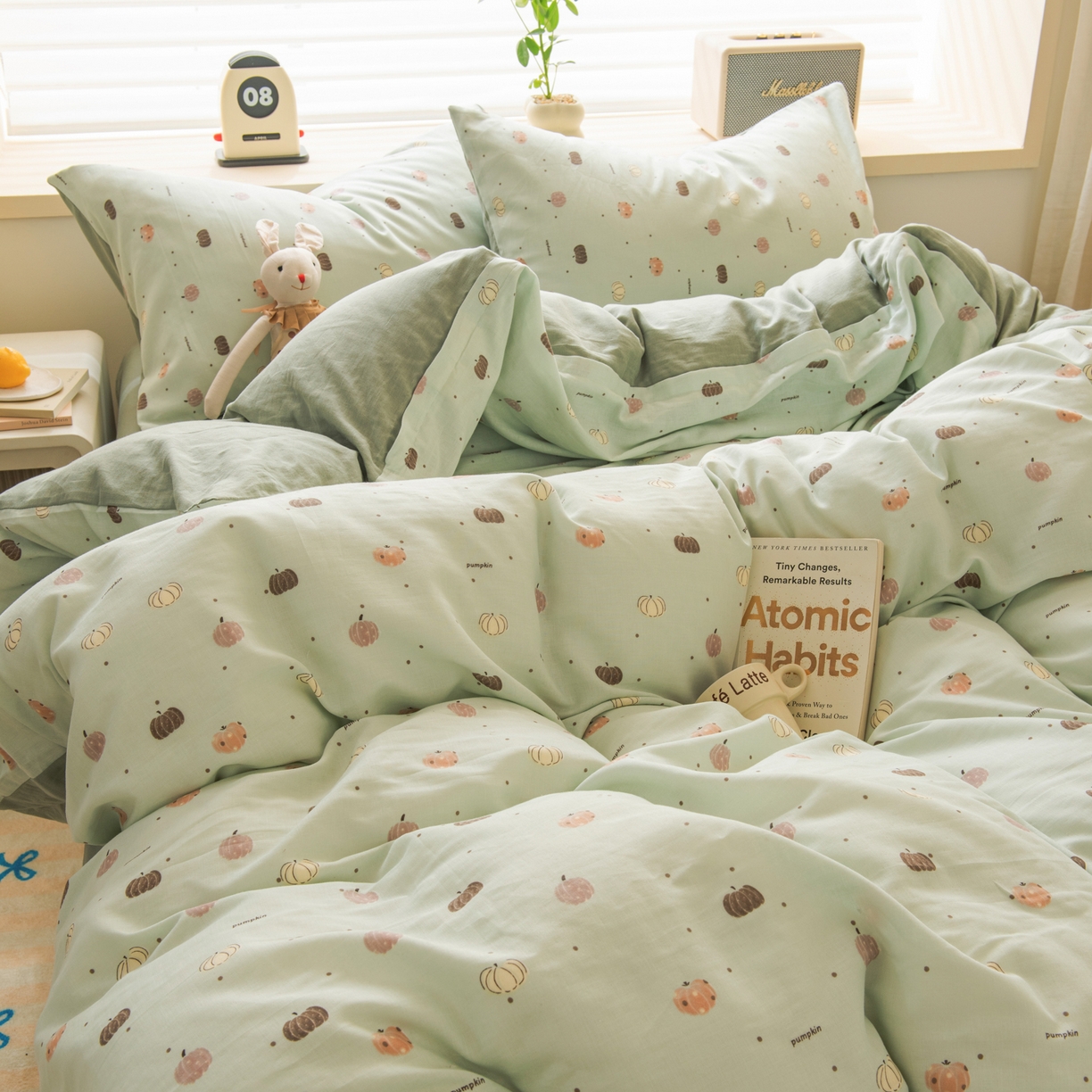 91家纺网 家纺一手货源 找家纺 雯雨家纺 2026春夏新款A类全棉有氧双层纱印花简约款四件套 南语-绿