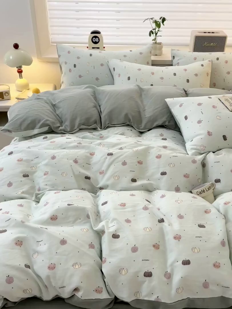 91家纺网 家纺一手货源 找家纺 雯雨家纺 2026春夏新款A类全棉有氧双层纱印花简约款四件套 南语-绿