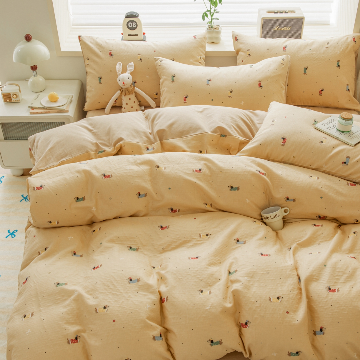 91家纺网 家纺一手货源 找家纺 雯雨家纺 2026春夏新款A类全棉有氧双层纱印花简约款四件套 皮皮狗