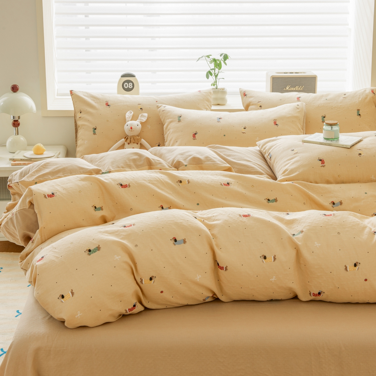 91家纺网 家纺一手货源 找家纺 雯雨家纺 2026春夏新款A类全棉有氧双层纱印花简约款四件套 皮皮狗