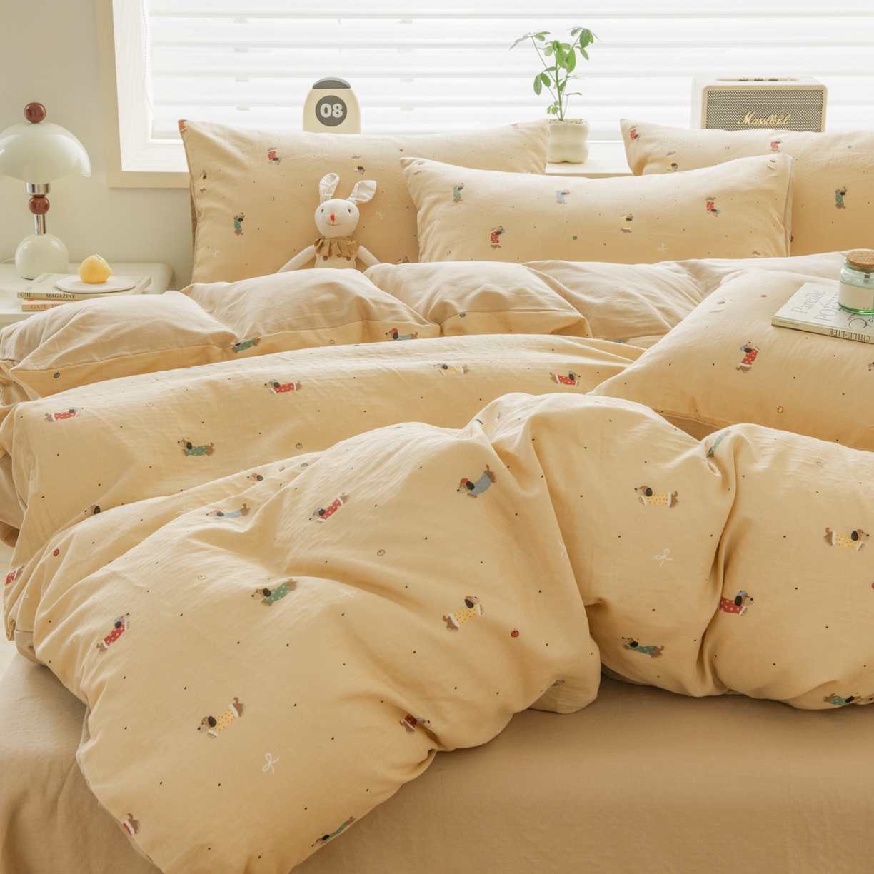 91家纺网 家纺一手货源 找家纺 雯雨家纺 2026春夏新款A类全棉有氧双层纱印花简约款四件套 皮皮狗