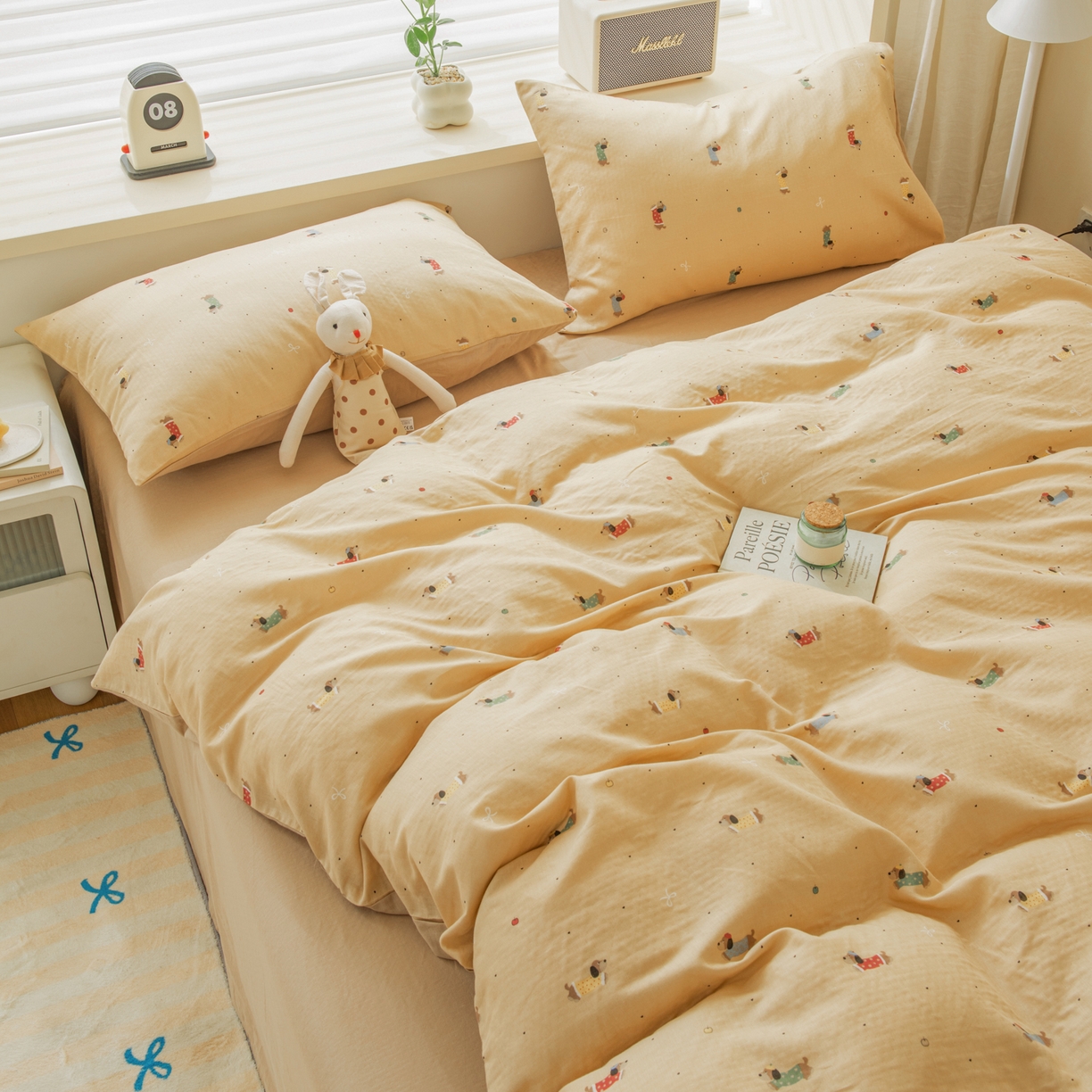 91家纺网 家纺一手货源 找家纺 雯雨家纺 2026春夏新款A类全棉有氧双层纱印花简约款四件套 皮皮狗