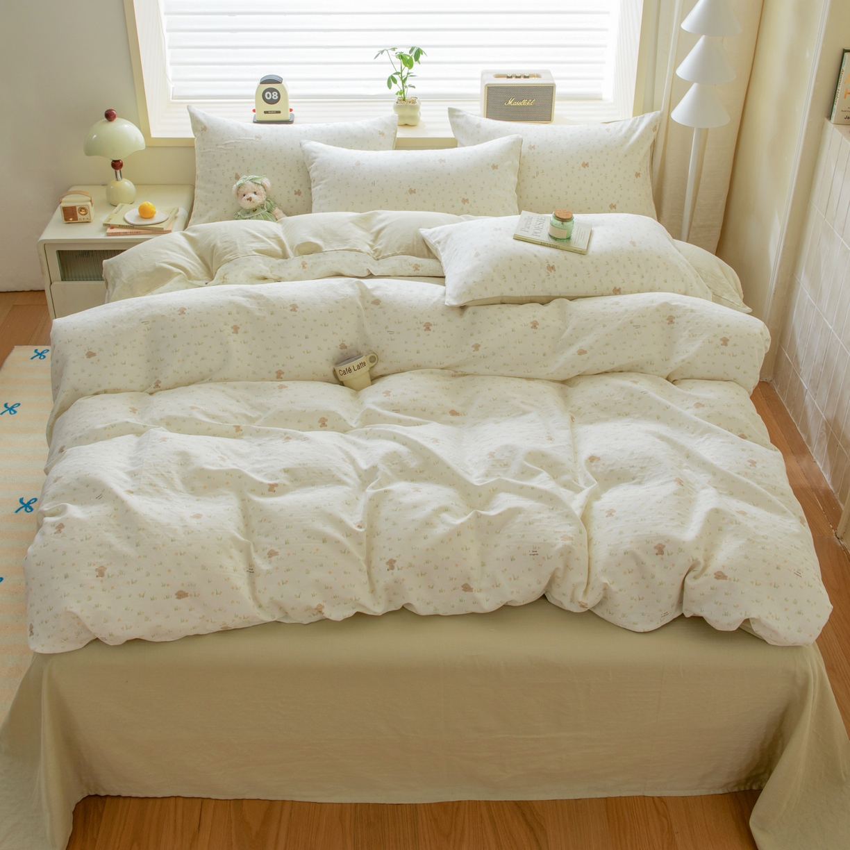 91家纺网 家纺一手货源 找家纺 雯雨家纺 2026春夏新款A类全棉有氧双层纱印花简约款四件套 田园小熊