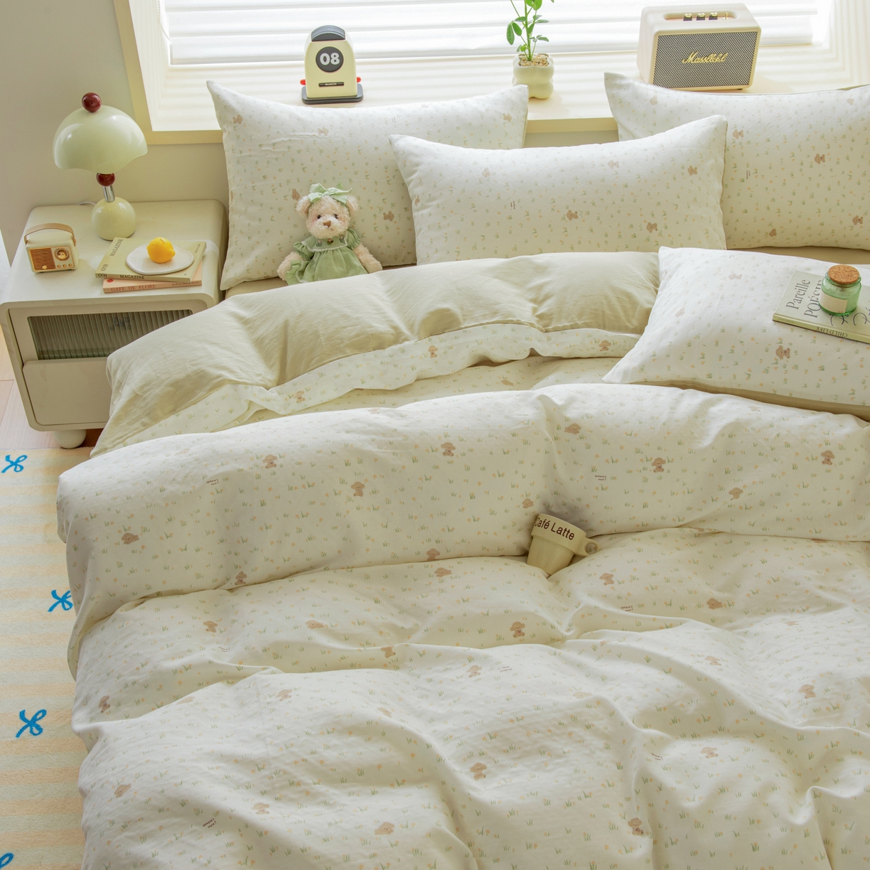 91家纺网 家纺一手货源 找家纺 雯雨家纺 2026春夏新款A类全棉有氧双层纱印花简约款四件套 田园小熊