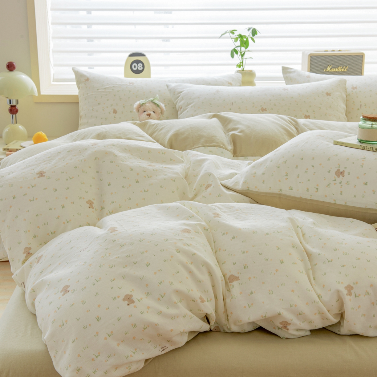 91家纺网 家纺一手货源 找家纺 雯雨家纺 2026春夏新款A类全棉有氧双层纱印花简约款四件套 田园小熊