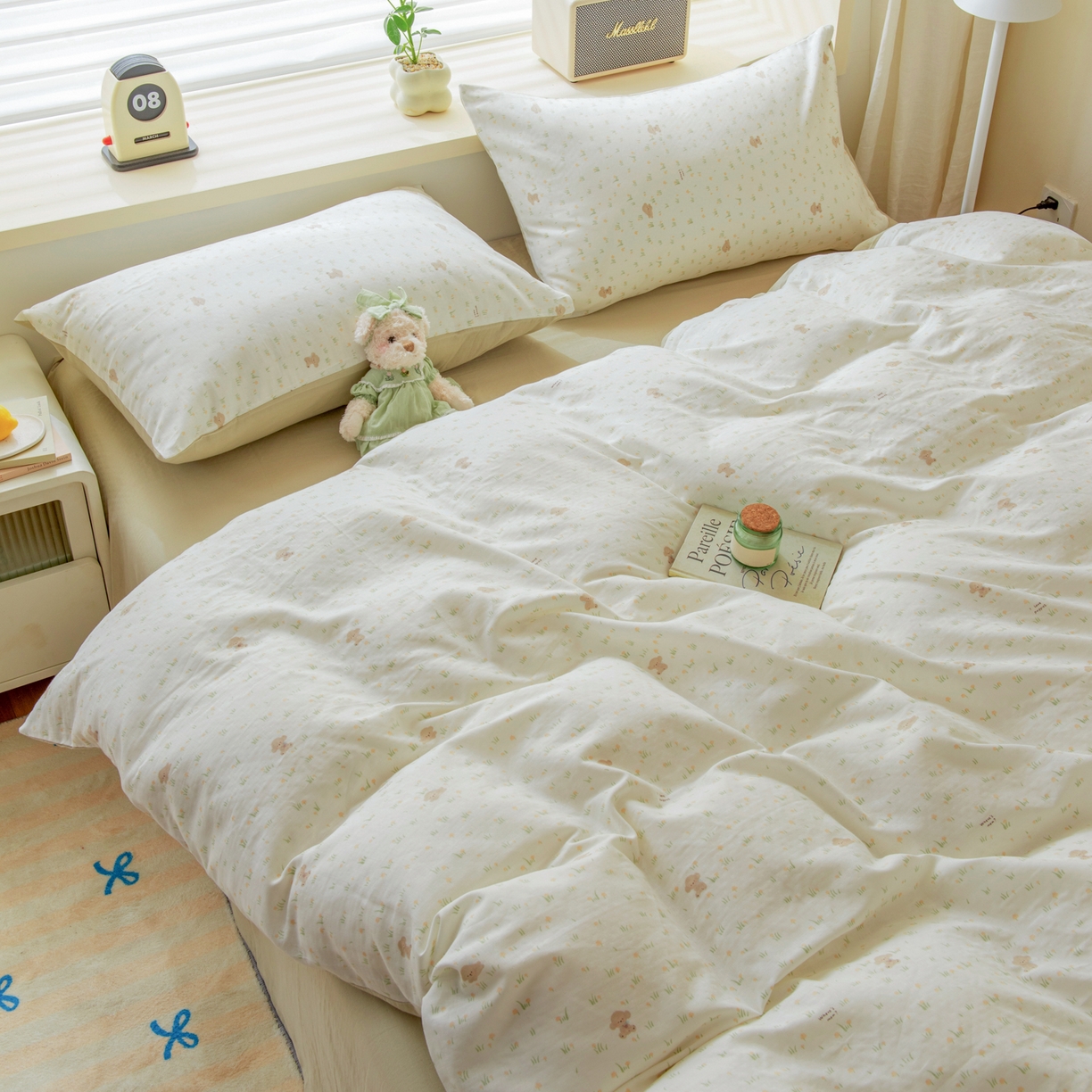 91家纺网 家纺一手货源 找家纺 雯雨家纺 2026春夏新款A类全棉有氧双层纱印花简约款四件套 田园小熊