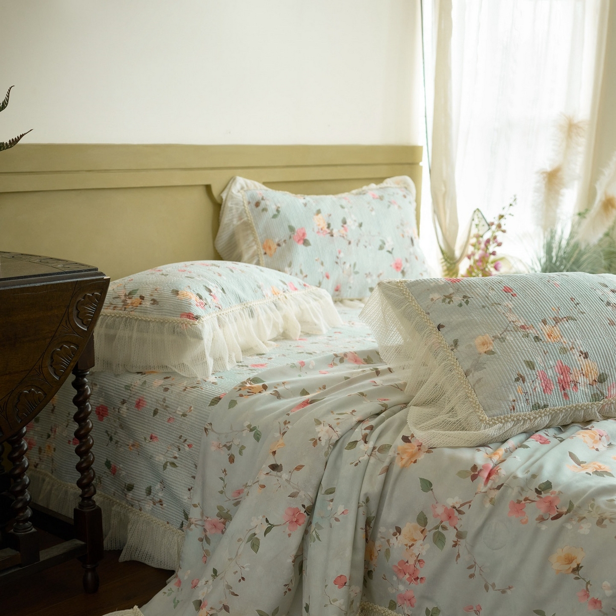 91家纺网 家纺一手货源 找家纺 源舜家纺 2026新款莱赛尔天丝床盖三件套夏被四件套 春熙