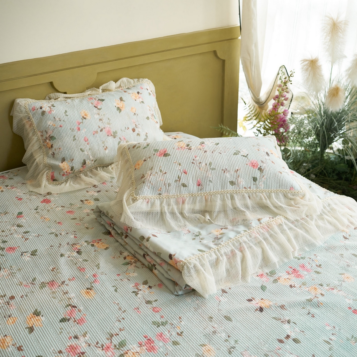 91家纺网 家纺一手货源 找家纺 源舜家纺 2026新款莱赛尔天丝床盖三件套夏被四件套 春熙