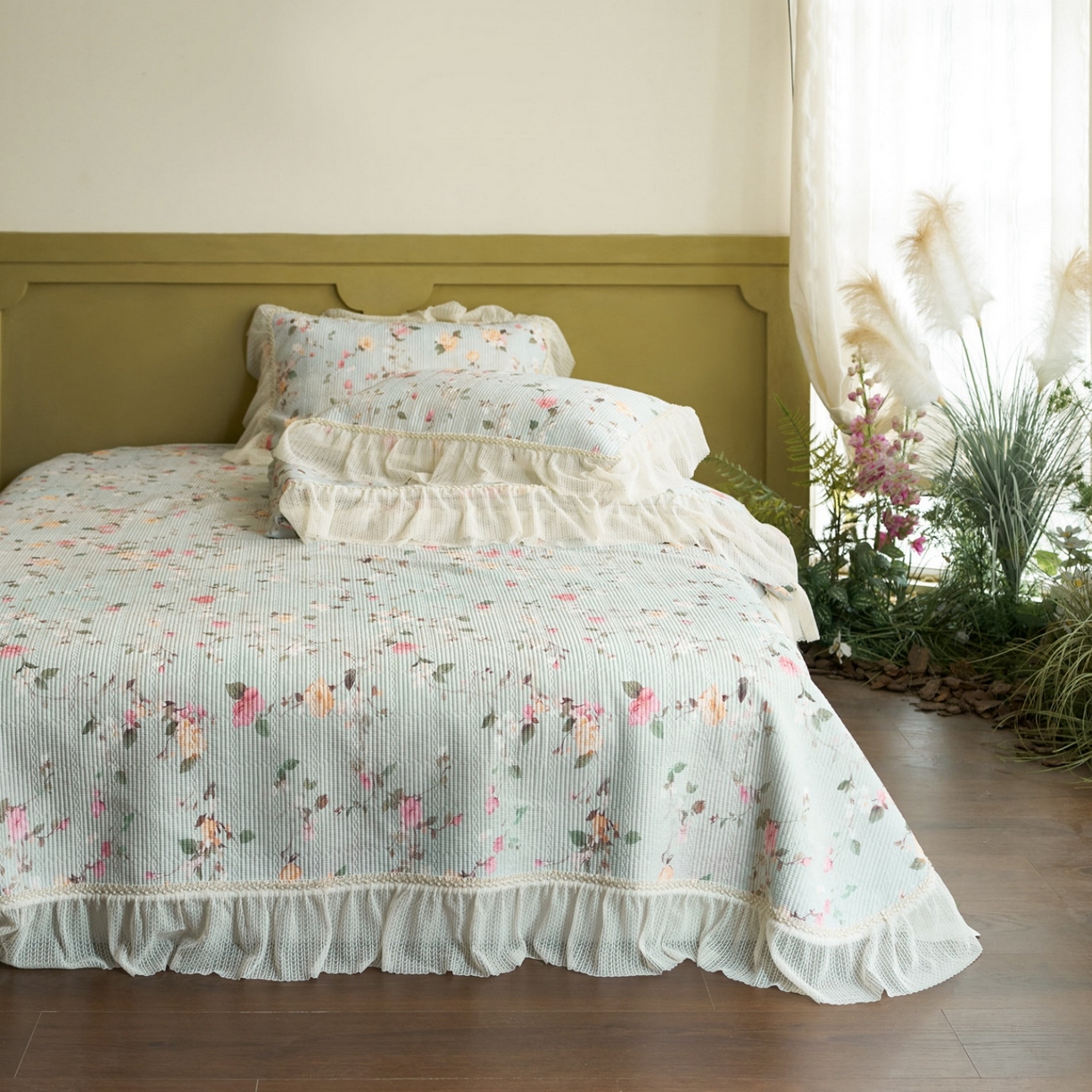 91家纺网 家纺一手货源 找家纺 源舜家纺 2026新款莱赛尔天丝床盖三件套夏被四件套 春熙