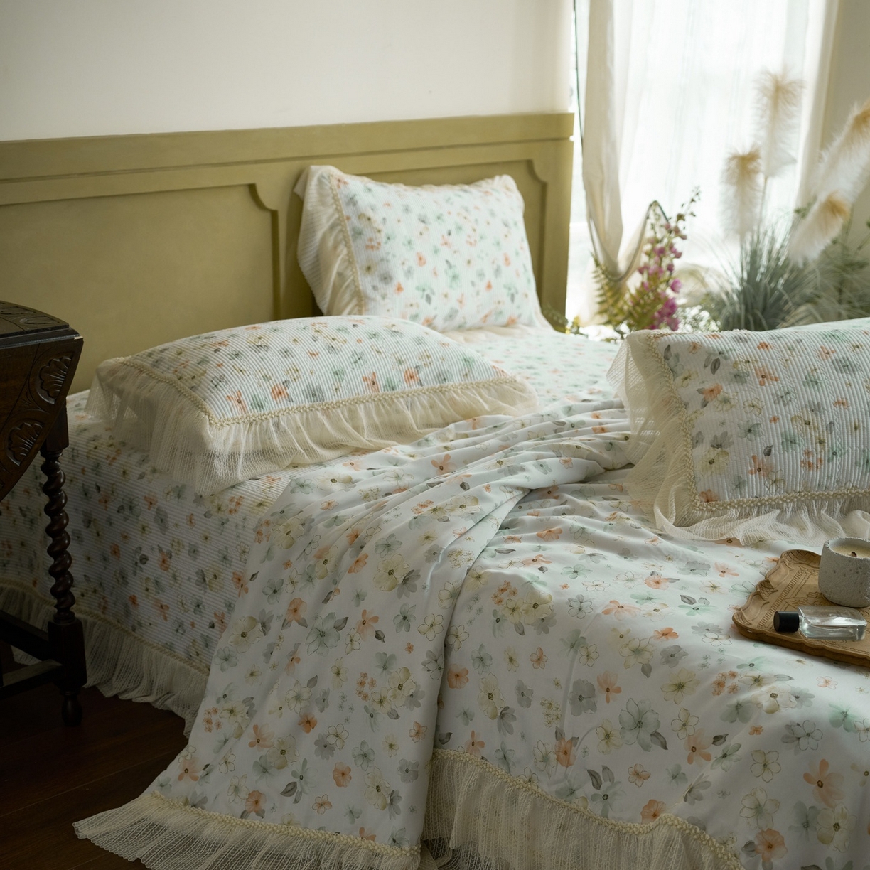 91家纺网 家纺一手货源 找家纺 源舜家纺 2026新款莱赛尔天丝床盖三件套夏被四件套 椿野