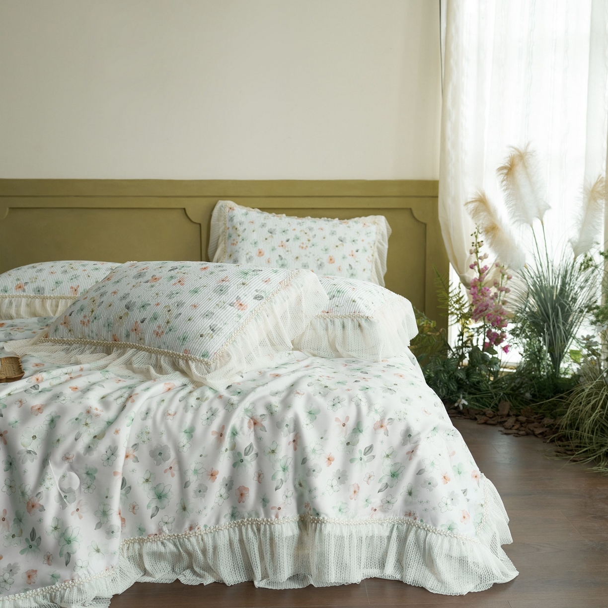 91家纺网 家纺一手货源 找家纺 源舜家纺 2026新款莱赛尔天丝床盖三件套夏被四件套 椿野