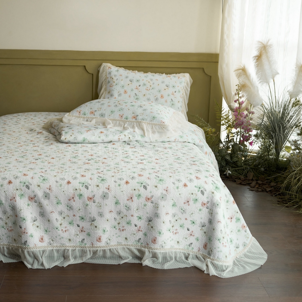 91家纺网 家纺一手货源 找家纺 源舜家纺 2026新款莱赛尔天丝床盖三件套夏被四件套 椿野