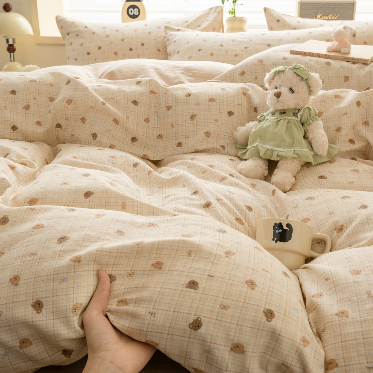 91家纺网 家纺一手货源 找家纺 雯雨家纺 2026春夏新款A类全棉有氧双层纱印花简约款四件套 文迪