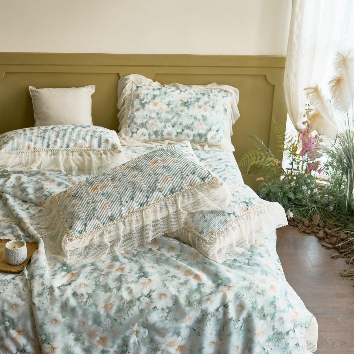 91家纺网 家纺一手货源 找家纺 源舜家纺 2026新款莱赛尔天丝床盖三件套夏被四件套 花涧