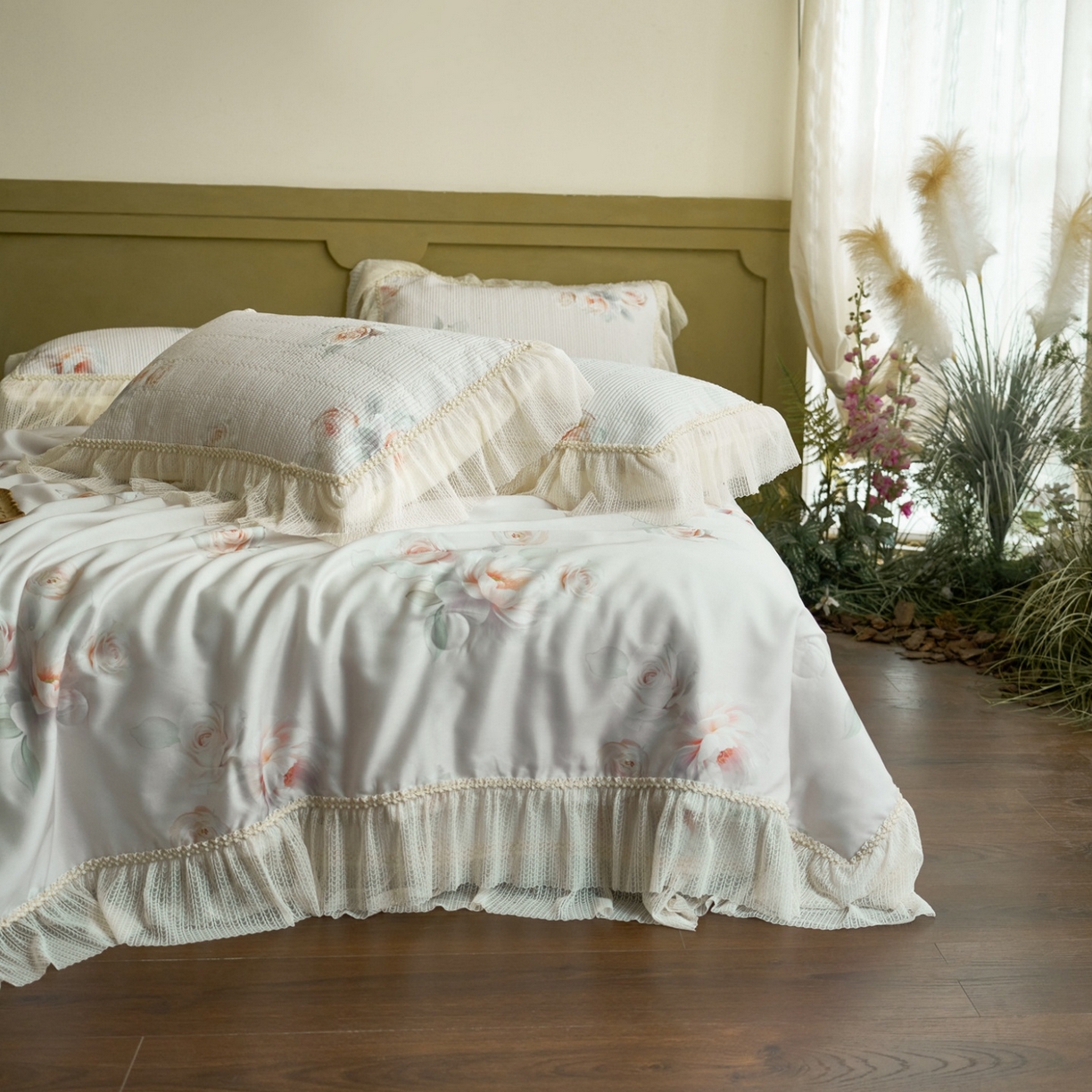 91家纺网 家纺一手货源 找家纺 源舜家纺 2026新款莱赛尔天丝床盖三件套夏被四件套 茉妍