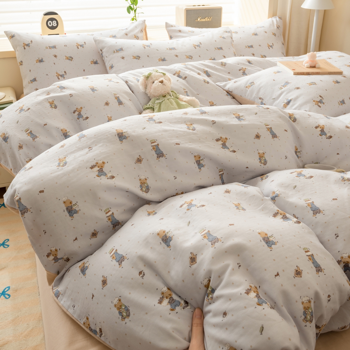 雯雨家纺 2026春夏新款A类全棉有氧双层纱印花简约款四件套 小熊礼物