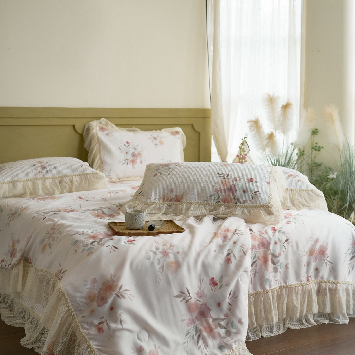 91家纺网 家纺一手货源 找家纺 源舜家纺 2026新款莱赛尔天丝床盖三件套夏被四件套 蔷薇