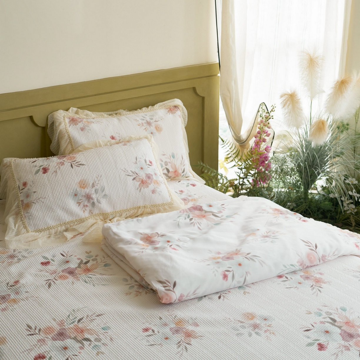 91家纺网 家纺一手货源 找家纺 源舜家纺 2026新款莱赛尔天丝床盖三件套夏被四件套 蔷薇