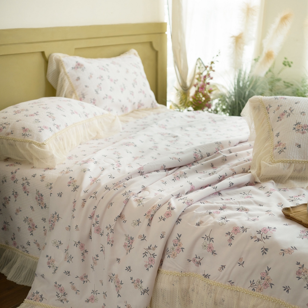 91家纺网 家纺一手货源 找家纺 源舜家纺 2026新款莱赛尔天丝床盖三件套夏被四件套 素锦