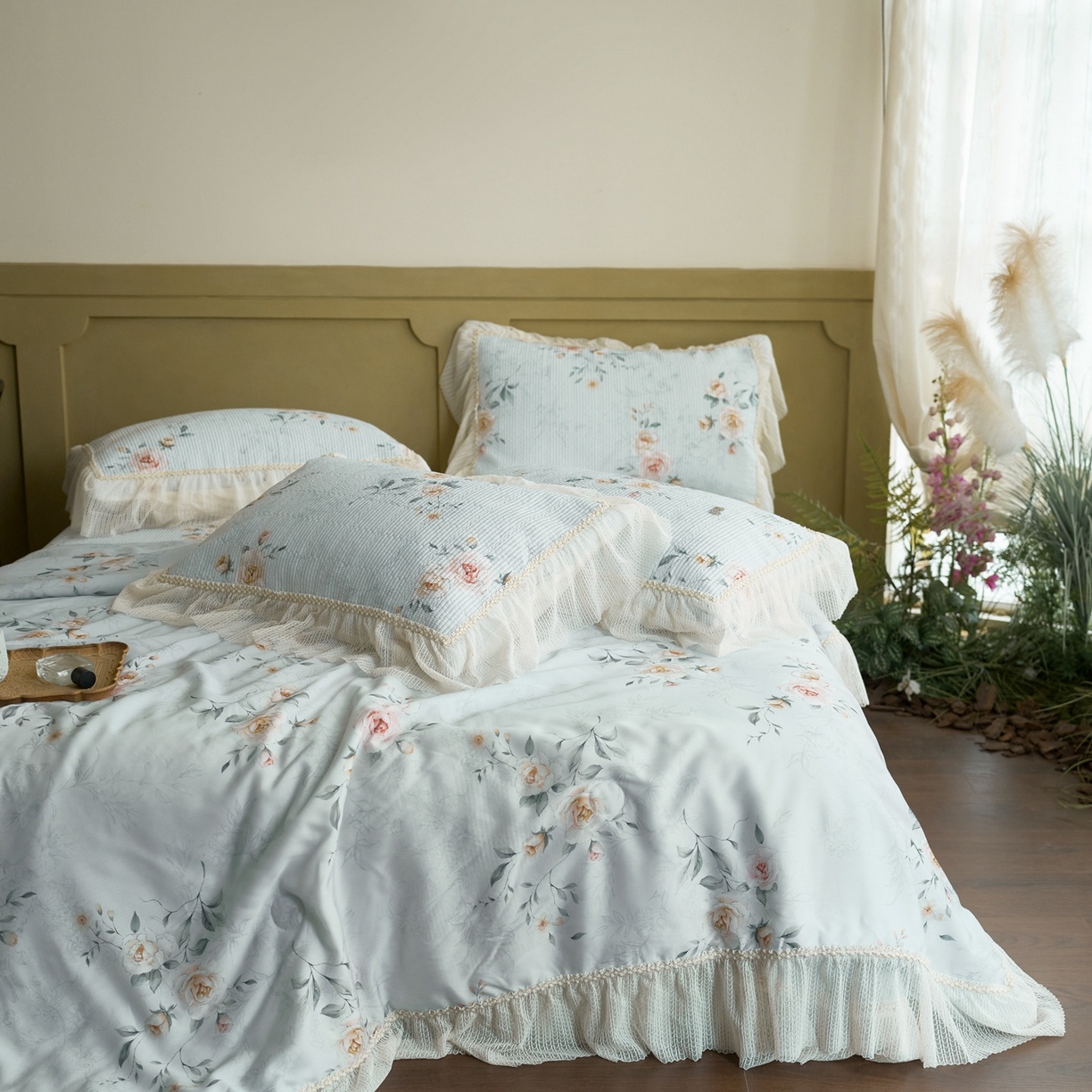 91家纺网 家纺一手货源 找家纺 源舜家纺 2026新款莱赛尔天丝床盖三件套夏被四件套 素瑾