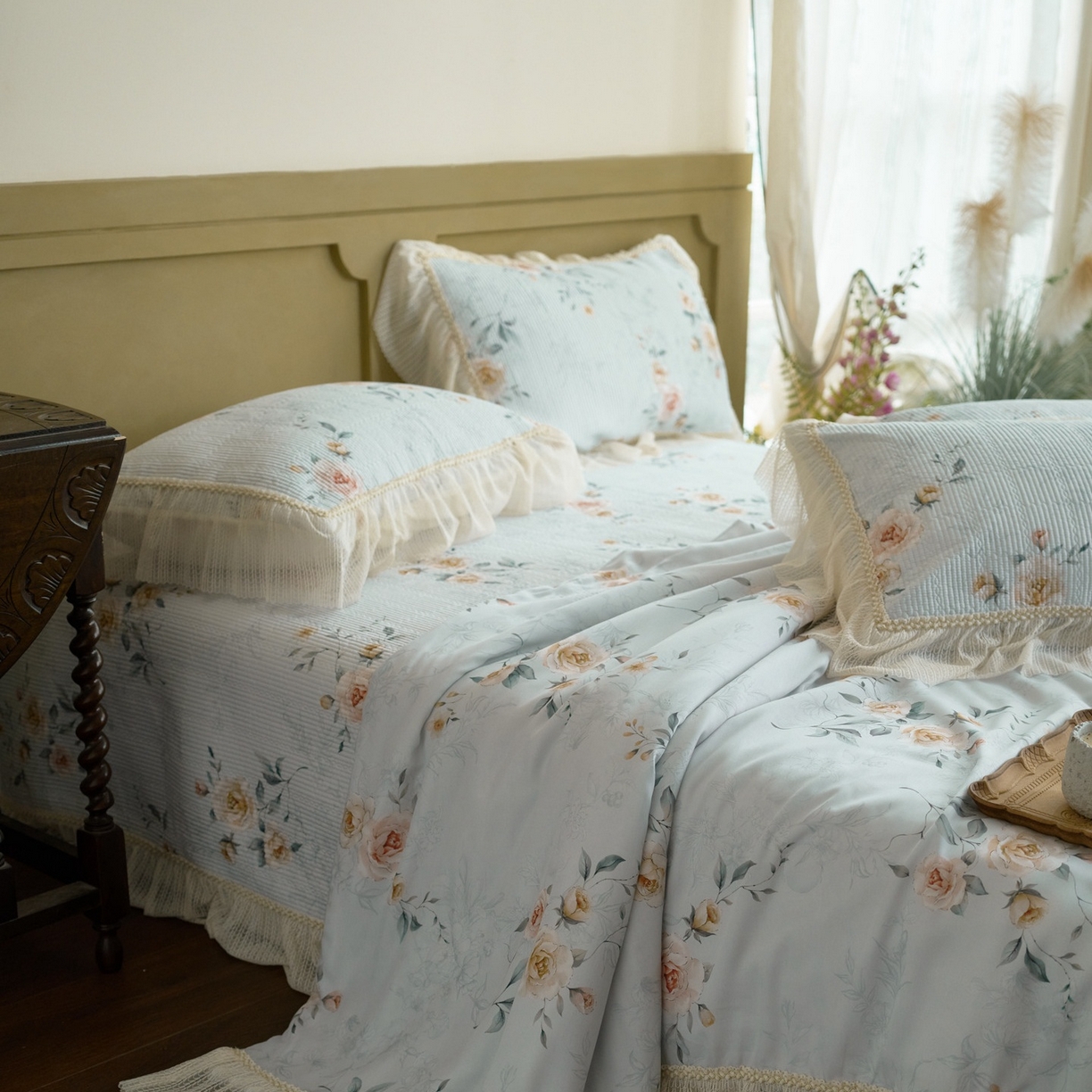 91家纺网 家纺一手货源 找家纺 源舜家纺 2026新款莱赛尔天丝床盖三件套夏被四件套 素瑾