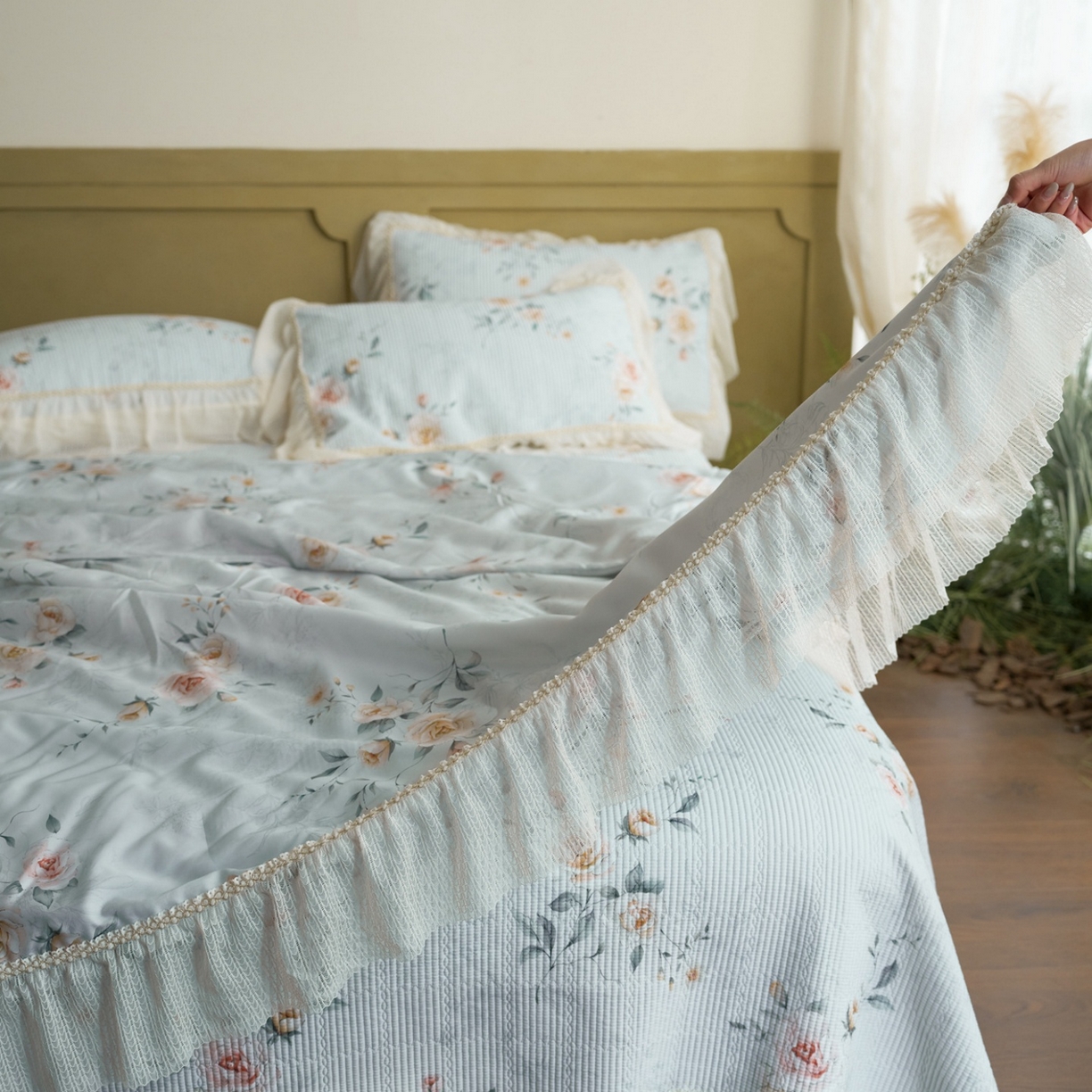 91家纺网 家纺一手货源 找家纺 源舜家纺 2026新款莱赛尔天丝床盖三件套夏被四件套 素瑾