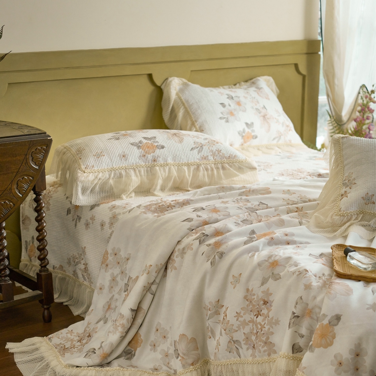 91家纺网 家纺一手货源 找家纺 源舜家纺 2026新款莱赛尔天丝床盖三件套夏被四件套 香榭