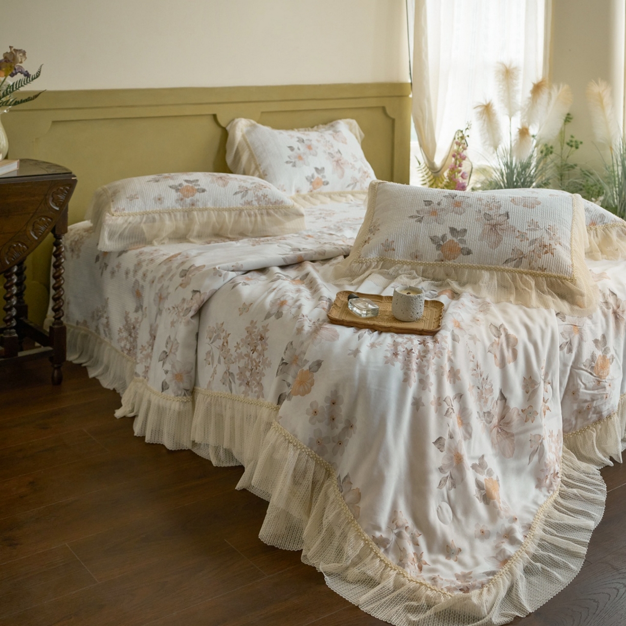 91家纺网 家纺一手货源 找家纺 源舜家纺 2026新款莱赛尔天丝床盖三件套夏被四件套 香榭