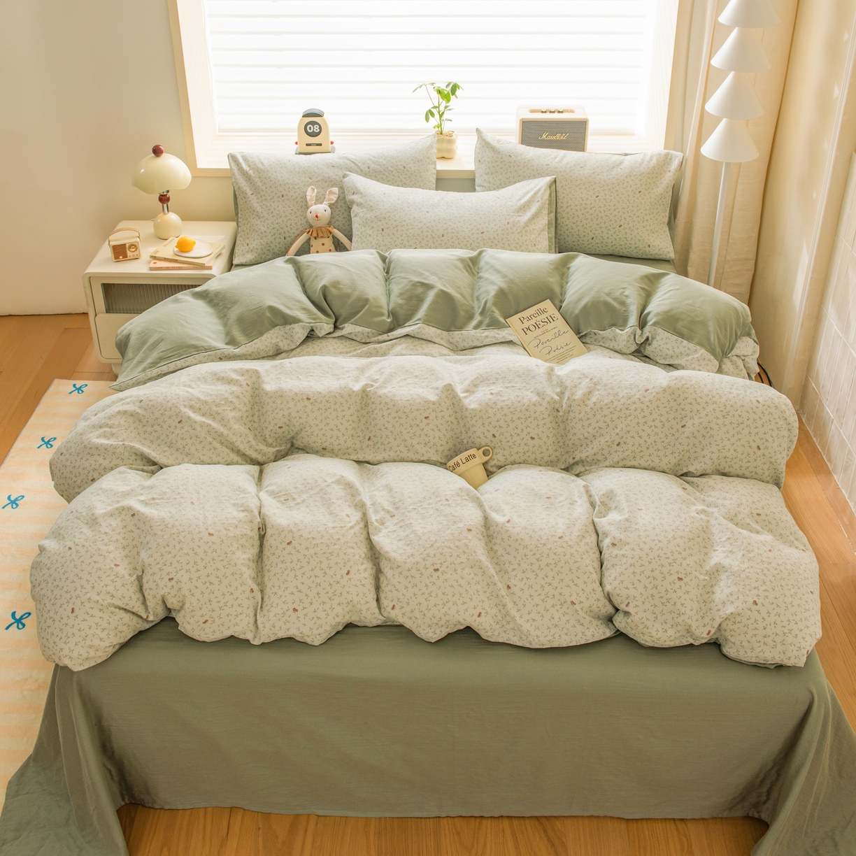 91家纺网 家纺一手货源 找家纺 雯雨家纺 2026春夏新款A类全棉有氧双层纱印花简约款四件套 雪妮