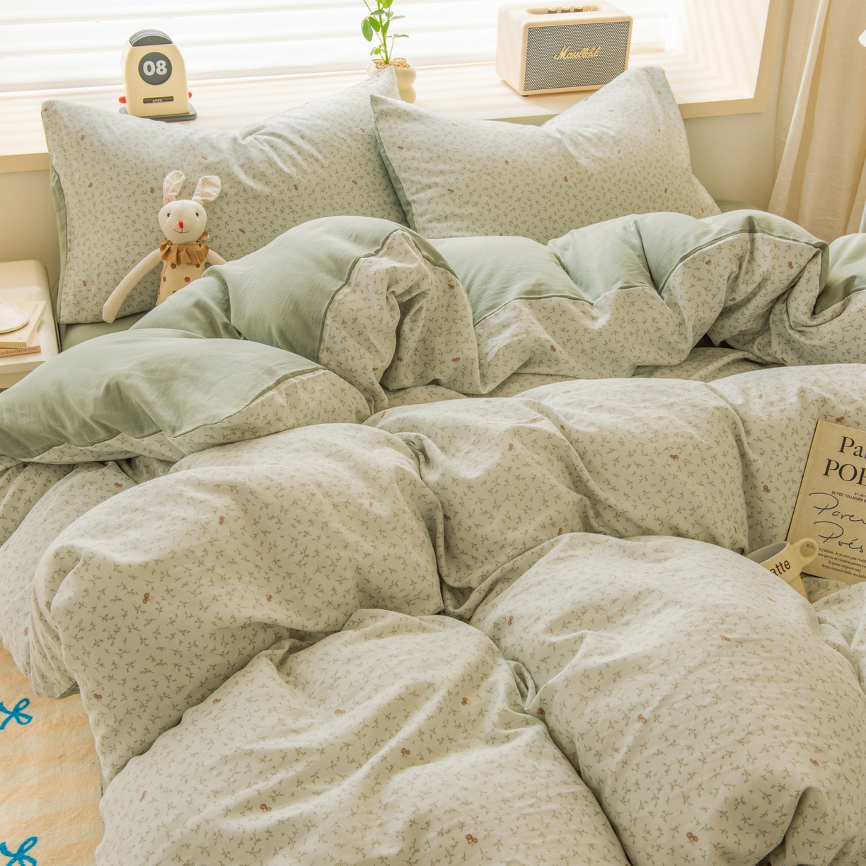 91家纺网 家纺一手货源 找家纺 雯雨家纺 2026春夏新款A类全棉有氧双层纱印花简约款四件套 雪妮