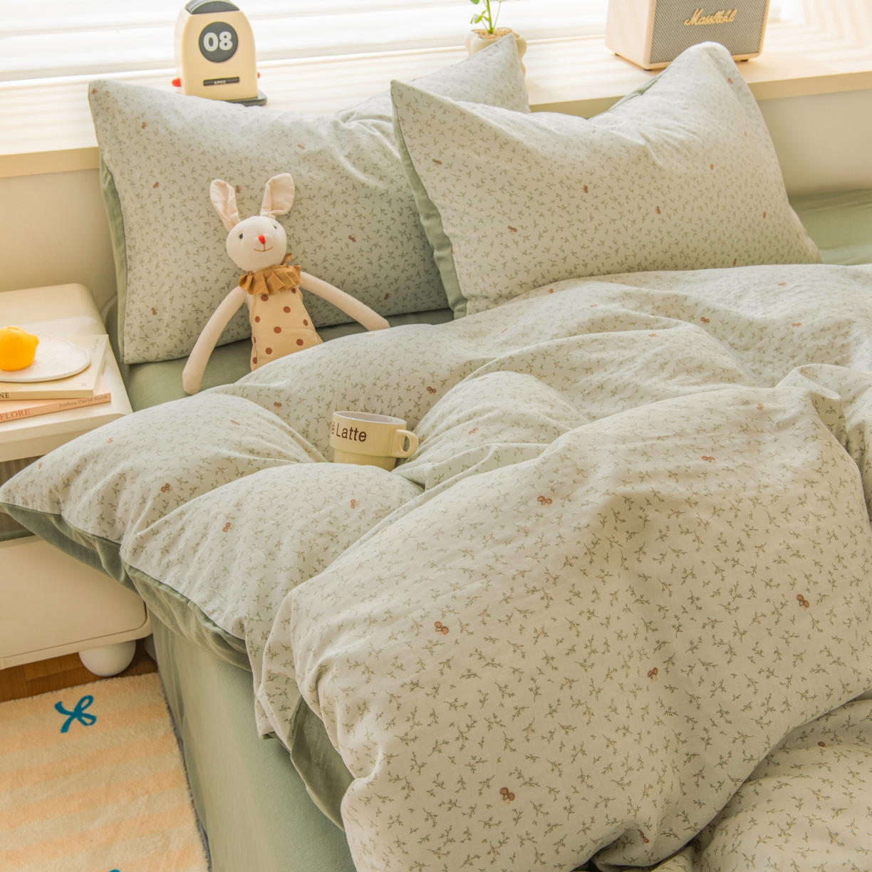 91家纺网 家纺一手货源 找家纺 雯雨家纺 2026春夏新款A类全棉有氧双层纱印花简约款四件套 雪妮