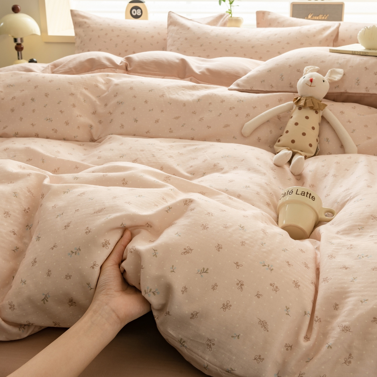 91家纺网 家纺一手货源 找家纺 雯雨家纺 2026春夏新款A类全棉有氧双层纱印花简约款四件套 叶香