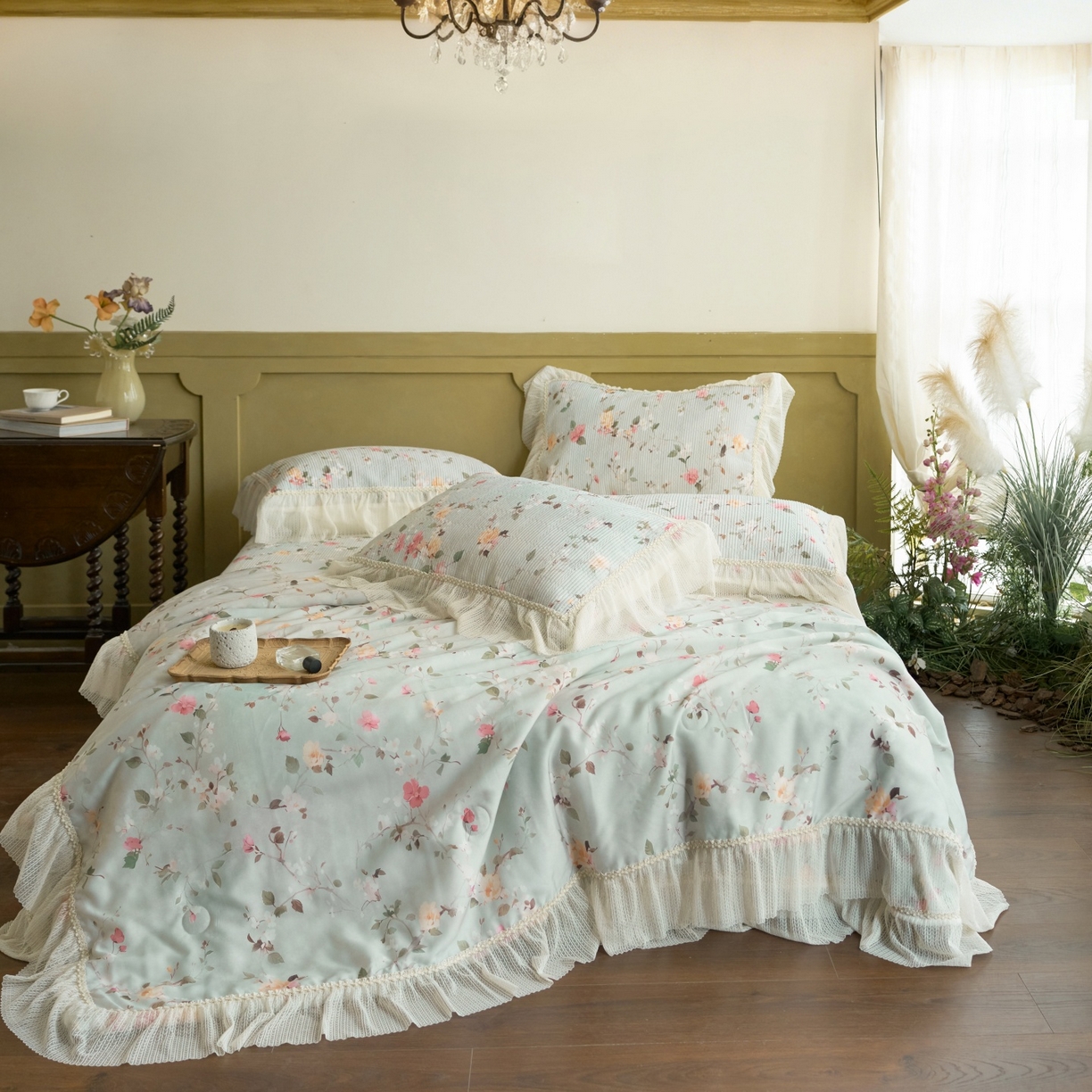 91家纺网 家纺一手货源 找家纺 源舜家纺 2026新款莱赛尔天丝床盖三件套夏被四件套 春熙