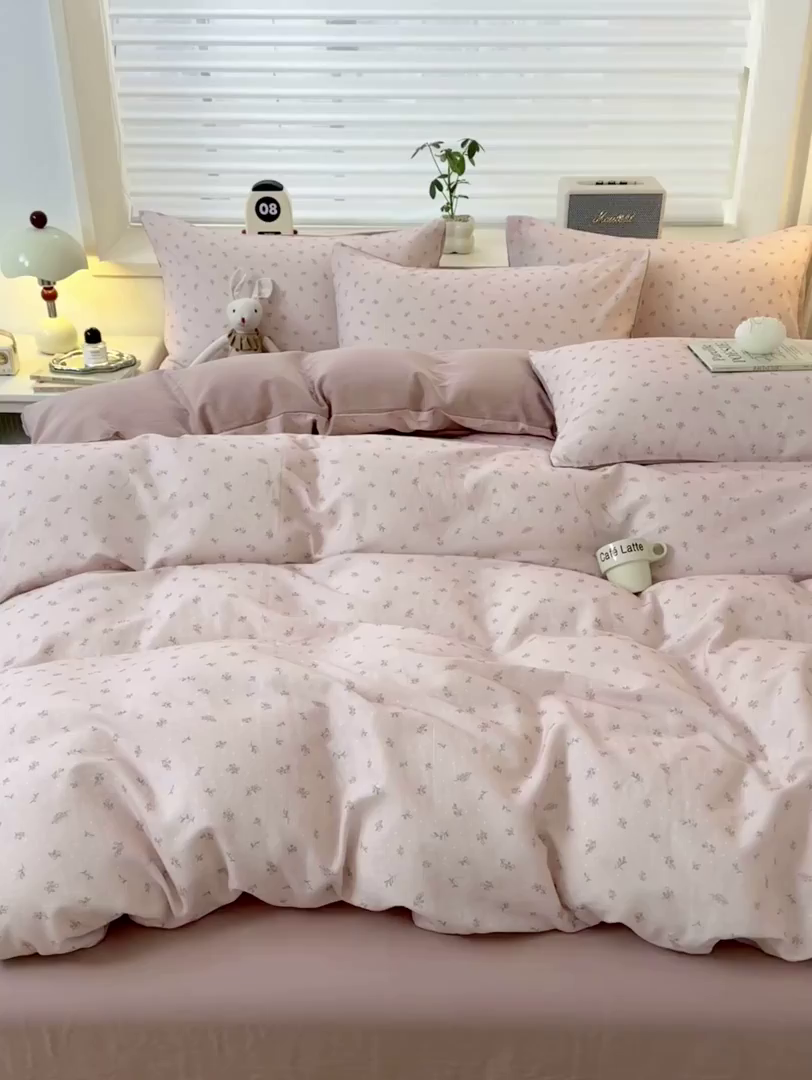 91家纺网 家纺一手货源 找家纺 雯雨家纺 2026春夏新款A类全棉有氧双层纱印花简约款四件套 叶香