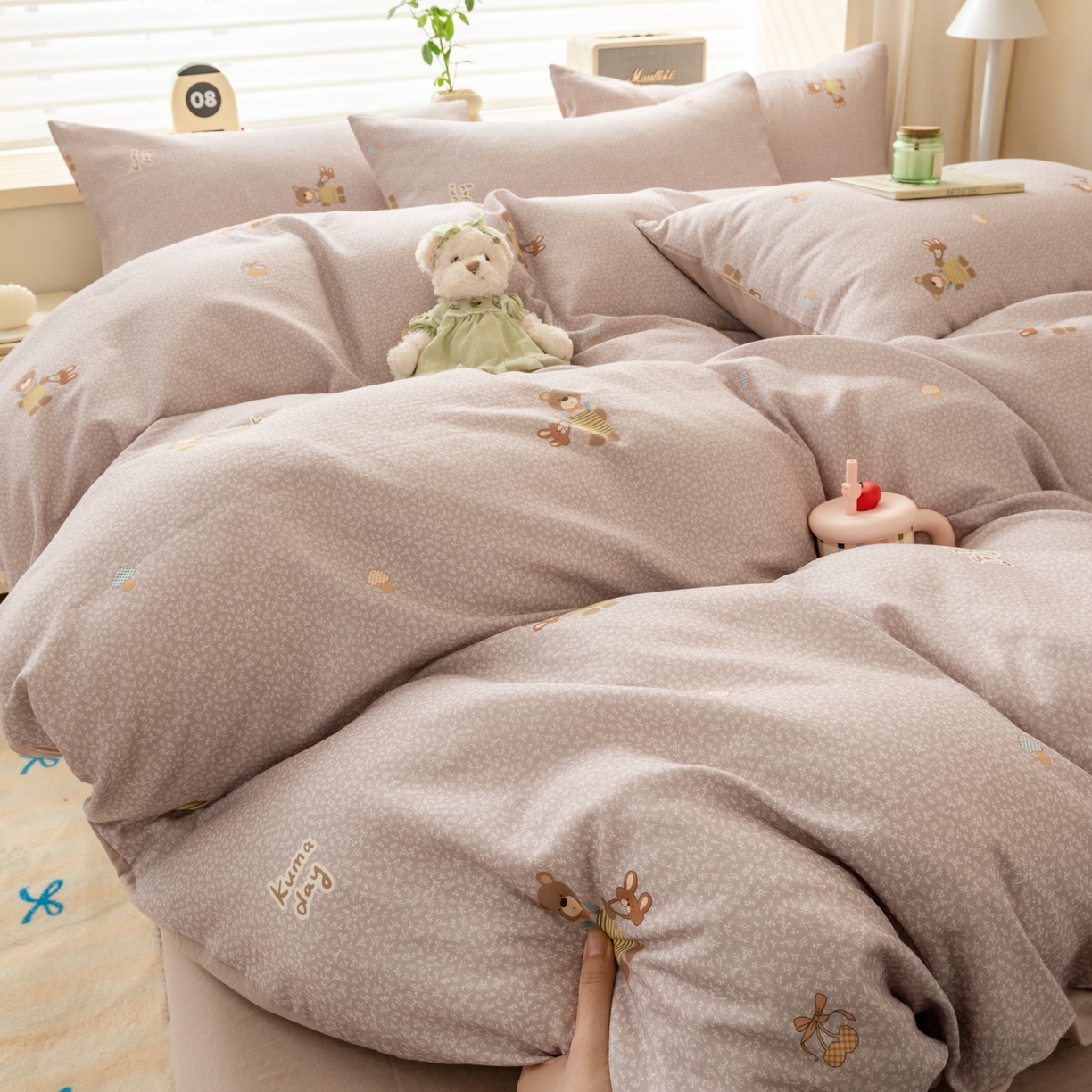 雯雨家纺 2026春夏新款A类全棉有氧双层纱印花简约款四件套 朱迪熊