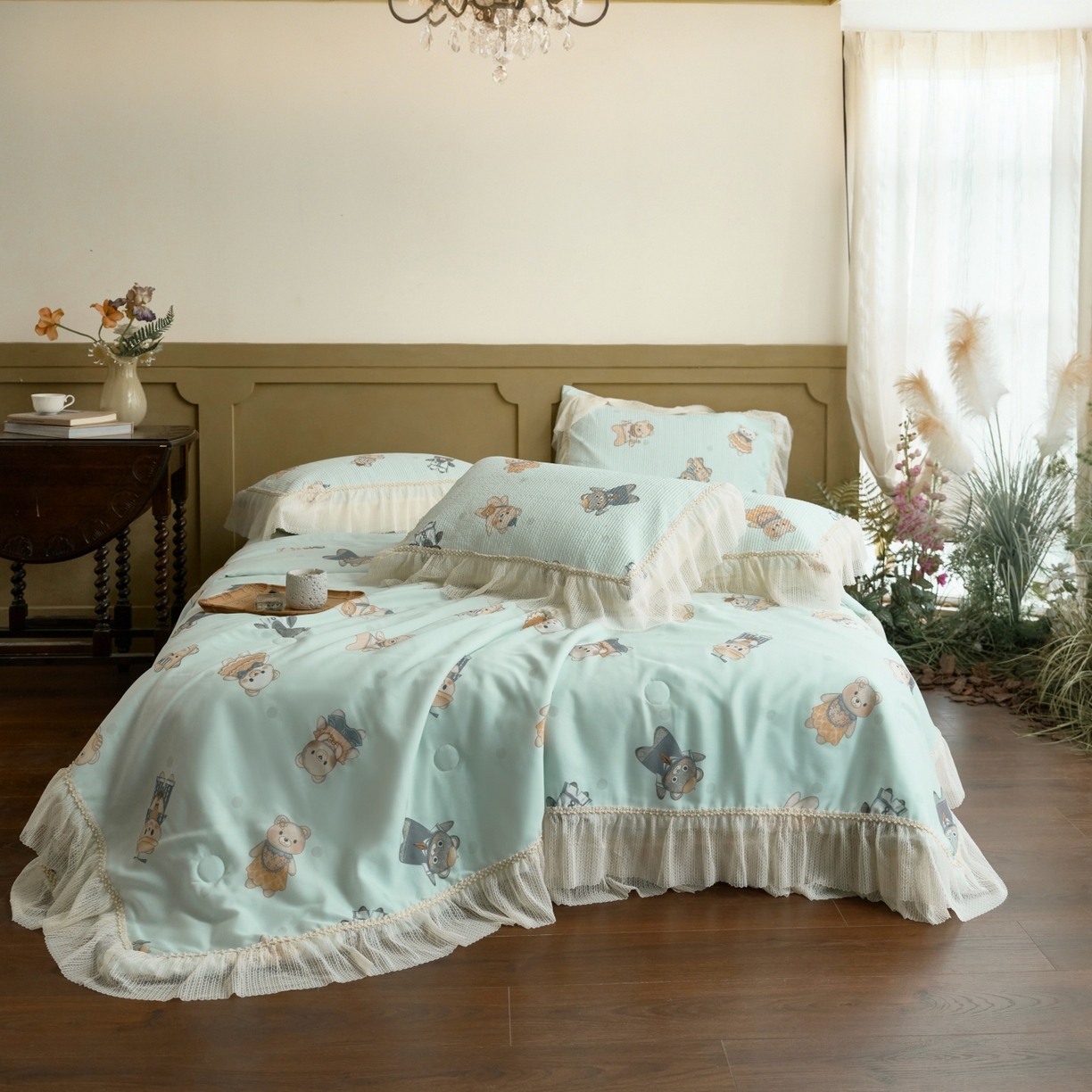 91家纺网 家纺一手货源 找家纺 源舜家纺 2026新款莱赛尔天丝床盖三件套夏被四件套 萌熊绘