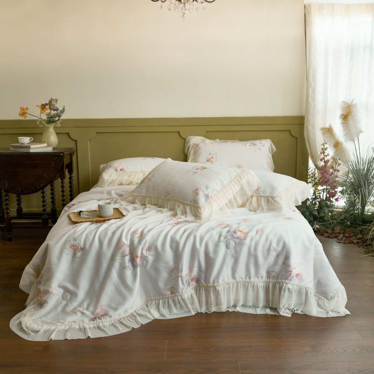 91家纺网 家纺一手货源 找家纺 源舜家纺 2026新款莱赛尔天丝床盖三件套夏被四件套 薇澜