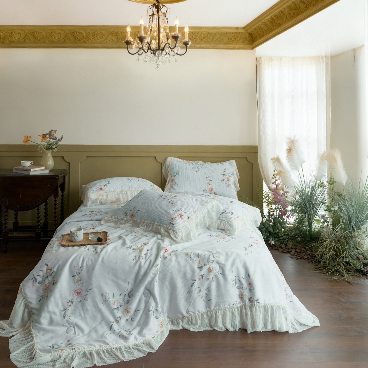 91家纺网 家纺一手货源 找家纺 源舜家纺 2026新款莱赛尔天丝床盖三件套夏被四件套 薇澜