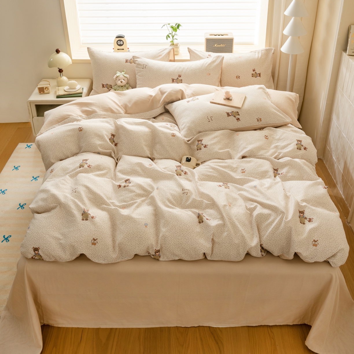 91家纺网 家纺一手货源 找家纺 雯雨家纺 2026春夏新款A类全棉有氧双层纱印花简约款四件套 朱迪熊-米