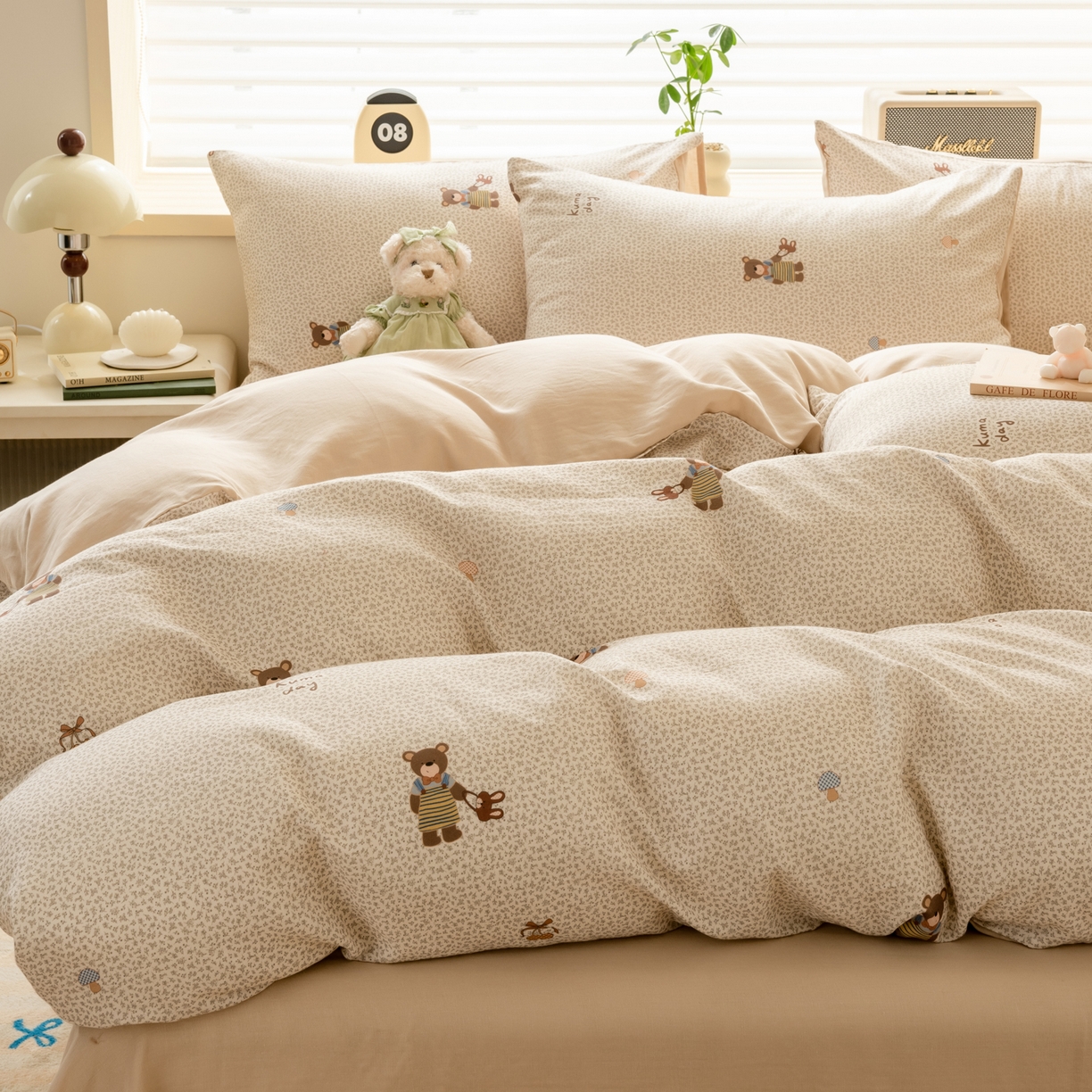 91家纺网 家纺一手货源 找家纺 雯雨家纺 2026春夏新款A类全棉有氧双层纱印花简约款四件套 朱迪熊-米