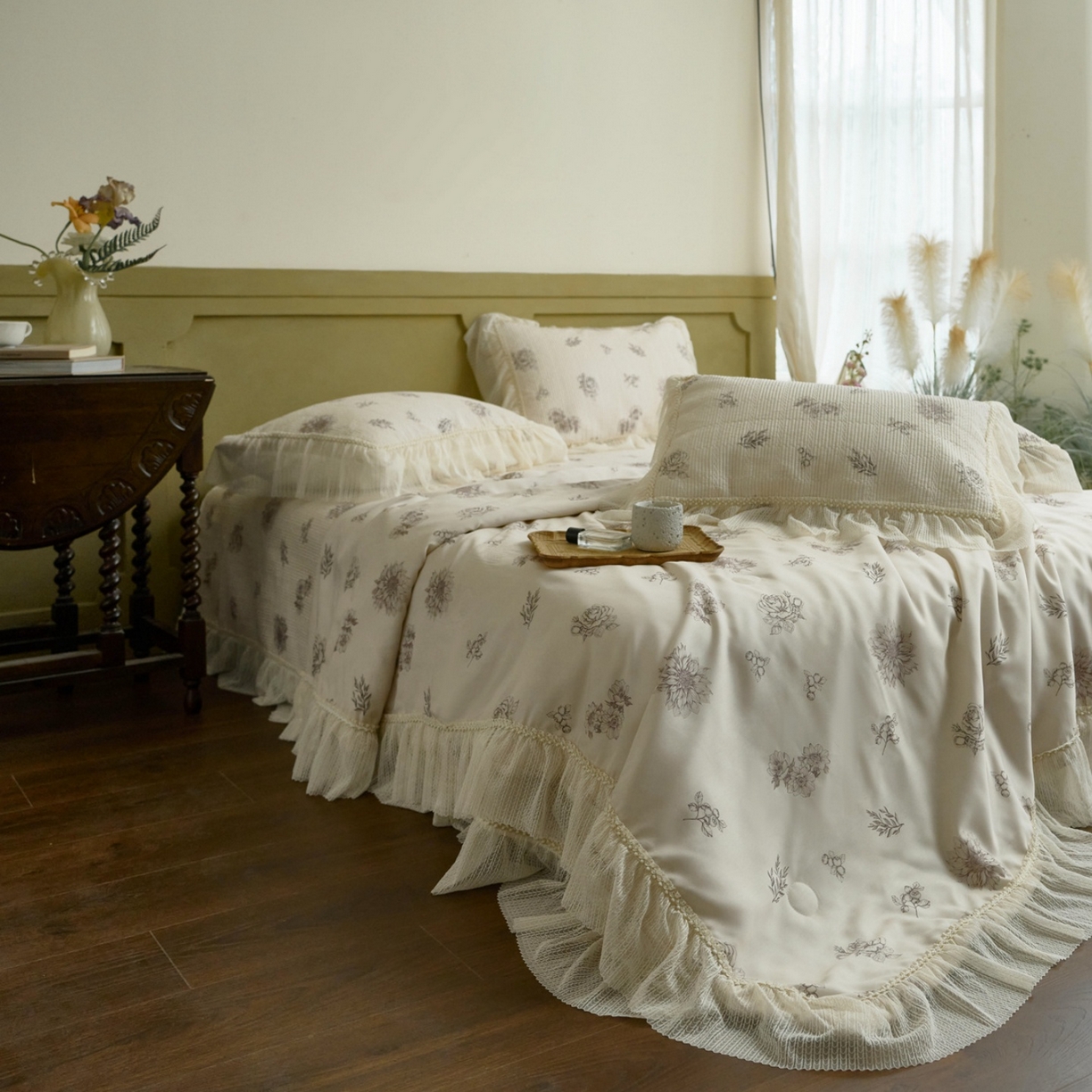 91家纺网 家纺一手货源 找家纺 源舜家纺 2026新款莱赛尔天丝床盖三件套夏被四件套 紫谣